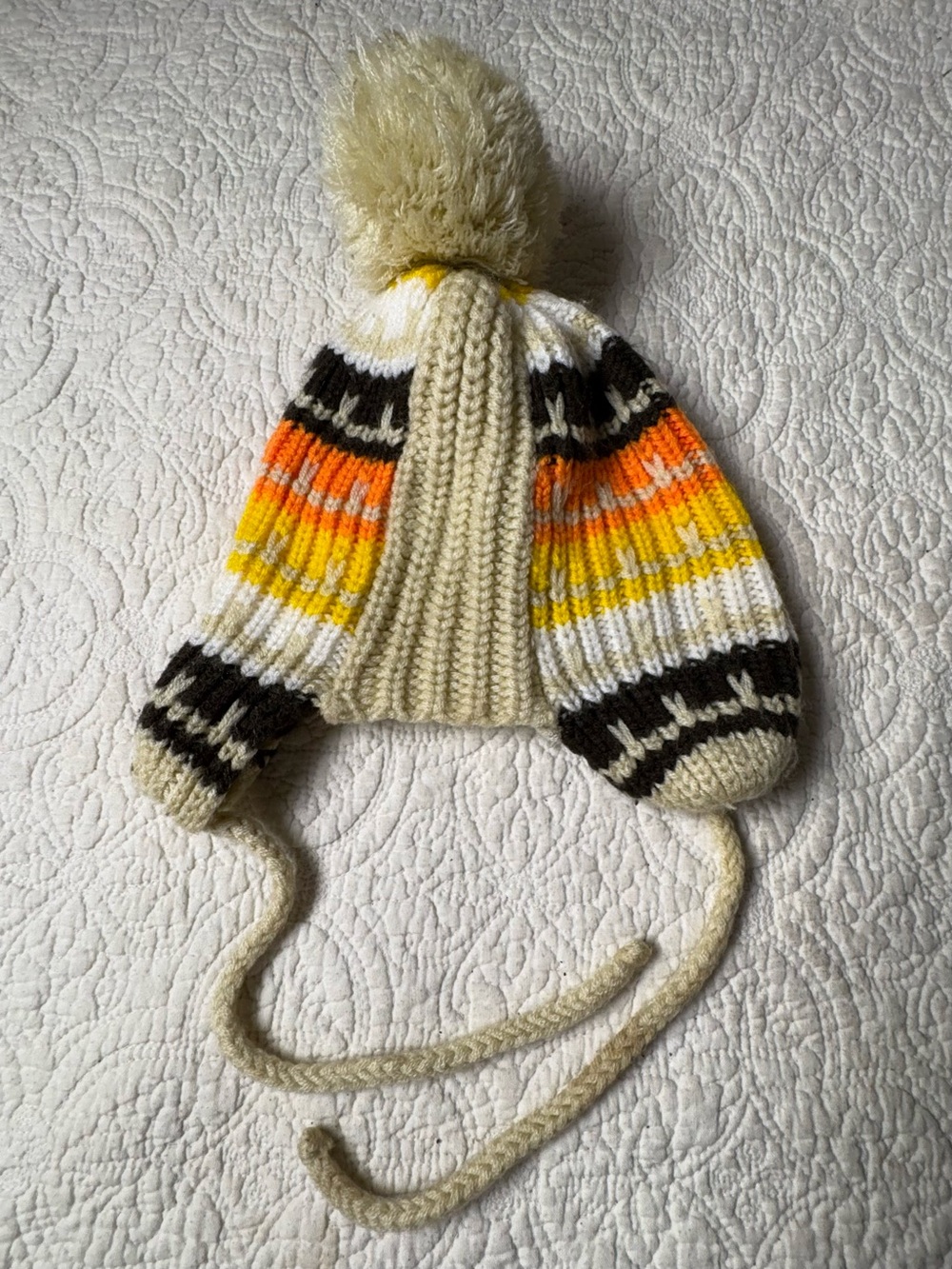 Vintage Knit Earflap Pom Pom Hat in Cream with Yellow & Orange Stripes